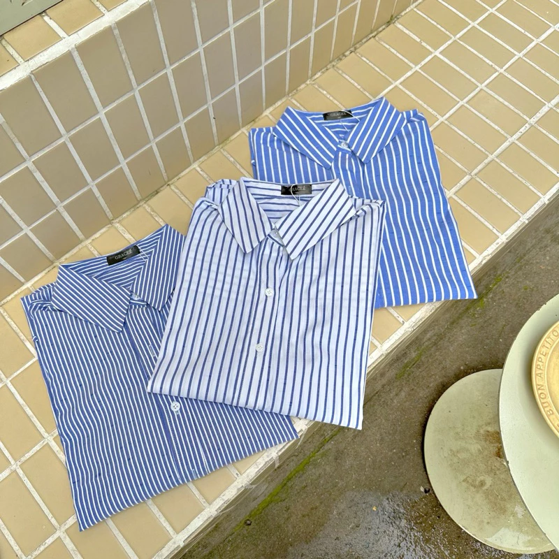 Áo sơ mi nữ kẻ sọc xanh dáng oversize chất thô cotton không nhăn thấm hút mồ hôi