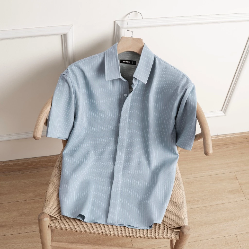 Áo sơ mi nam ngắn tay vải cotton spandex, họa tiết sọc form regular Legend AMANLAB