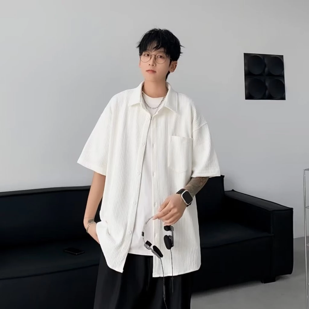 Áo sơ mi tay dài Oxford hình thêu GOLDEN CHILD tà vạt bầu form rộng nam nữ basic striped shirt hàn quốc
