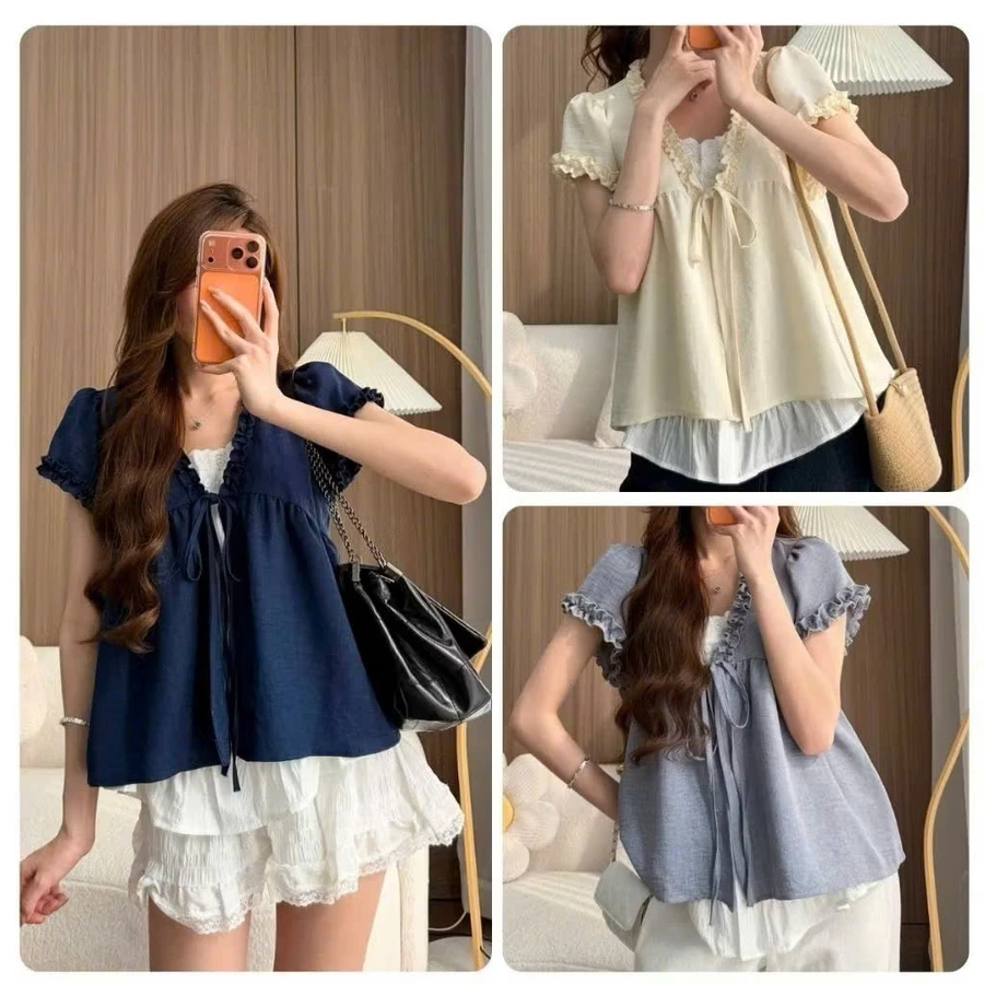 Áo babydoll/sơ mi 2 lớp 3 màu phối ren trắng, áo kiểu tiểu thư Hàn Quốc tay ngắn form rộng