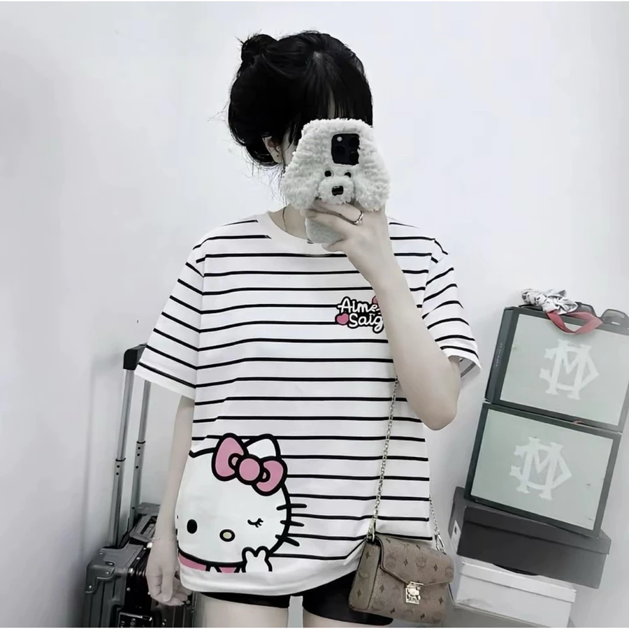 Áo Thun Kẻ Ngang AiME Hello Kitty MÈO TO cộc tay phù hợp 4 mùa NGOC BICH STORE