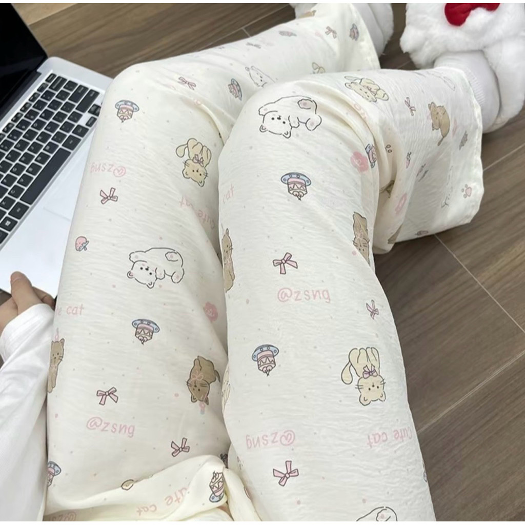 Quần Dài Pijama Đũi Hàn Hoạt Hình Có Túi Quần Dài Ống Rộng Form Suông Phong Cách Ulzzang