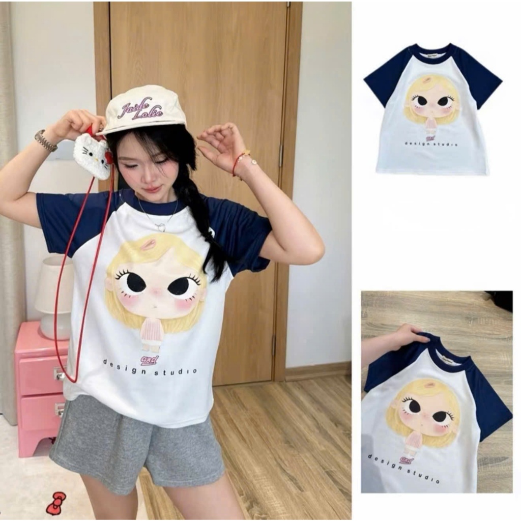 Áo thun form fit ráp lăng cộc tay nữ,áo phông hoạ phối màu hoạ tiết cô gái tóc vàng chất cotton phong cách Y2K